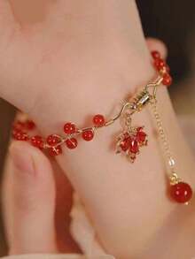 1pc Red Maple Leaf Beaded Wrap Bracelet For Women - Red - View 2
