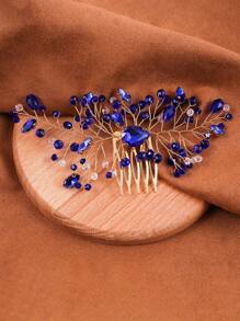 1pc Blue Crystal Hair Comb For Bridal Hair Accessory, Elegant & Delicate Vintage Style - Royal Blue - View 4
