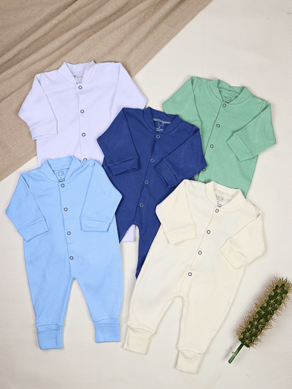 Conjunto De 5 Peças De Macacão Para Bebê Recém-Nascido Vira Pé | De Cor Sólida Com Mangas Longas E Design De Minimalista