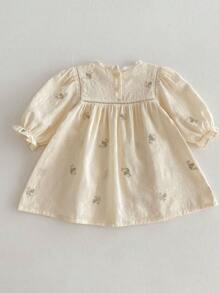 嬰兒女春夏季刺繡花長袖裙 - 杏色 - 查看 2