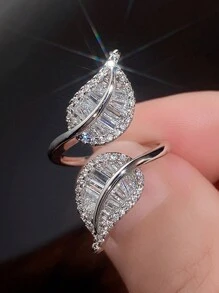 1 pezzo Anello aperto di lusso a forma di foglia con zirconi cubici, adatto per uso quotidiano da donna