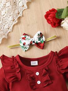 Conjunto de body de manga corta acanalado y shorts con estampado floral para bebé niña - Burdeos - Ver 3