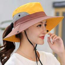 Street 1pc Women's Color Block Embroidered Bucket Hat For Beach, Hiking, And Other Outdoor Activities, With Windproof Strap And Room For Ponytail