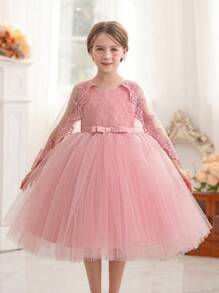 Young Girl Lace Contrast Mesh Cape Dress, Elegant Princess Gown For Easter Party, Girls Birthday Party Dress, Flower Girl Wedding Bridesmaid Ball Gown - Pink - View 5