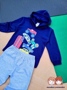 Conjunto de moletom para MENINOS com capuz estampado - Azul Marinho - Visão 5