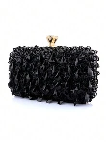 Gorgeous Beaded Tassel Square Shape Hard Shell Evening Clutch Bag For Brides And Parties, With Chain - Black - View 6