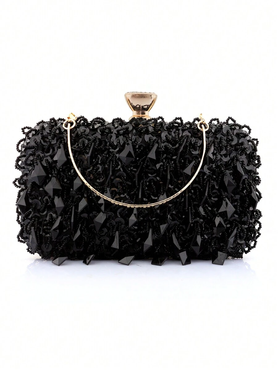 Gorgeous Beaded Tassel Square Shape Hard Shell Evening Clutch Bag For Brides And Parties, With Chain - Black - View 1