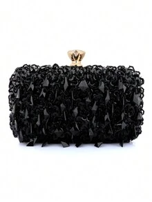 Gorgeous Beaded Tassel Square Shape Hard Shell Evening Clutch Bag For Brides And Parties, With Chain - Black - View 2