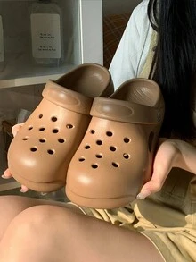 1pair Summer Women's Clogs, Slip Resistant Thick Bottom Beach Sandals, Quick Drying Two Wear Slippers - Khaki - View 1