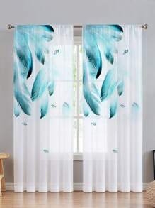 1pc Elegant Blue Feather Printed Rod Pocket Sheer Curtain - 100% Polyester, Light Filtering, Woven, Unlined, Suitable For All Seasons, Charming Style, Perfect For Bedroom, Living Room, Etc. - Multicolor - View 3