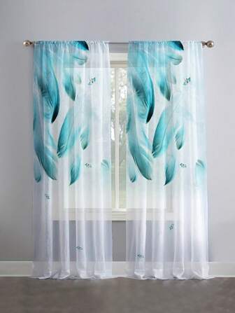 1pc Elegant Blue Feather Printed Rod Pocket Sheer Curtain - 100% Polyester, Light Filtering, Woven, Unlined, Suitable For All Seasons, Charming Style, Perfect For Bedroom, Living Room, Etc.