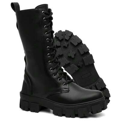 Bota Coturno Feminina Cano Alto Com Cadarço e Zíper