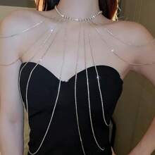 鑽石鑲嵌長流蘇項鍊,肩鏈,身鏈,一件式個性化新娘禮服,派對輕奢配飾,項鍊 - 銀色 - 查看 4