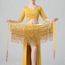舞蹈服配銀亮閃爍流蘇裙，時尚肚皮舞腰帶裙 - 黃色 - 查看 5