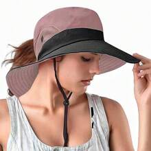 Street 1pc Women's Color Block Embroidered Bucket Hat For Beach, Hiking, And Other Outdoor Activities, With Windproof Strap And Room For Ponytail
