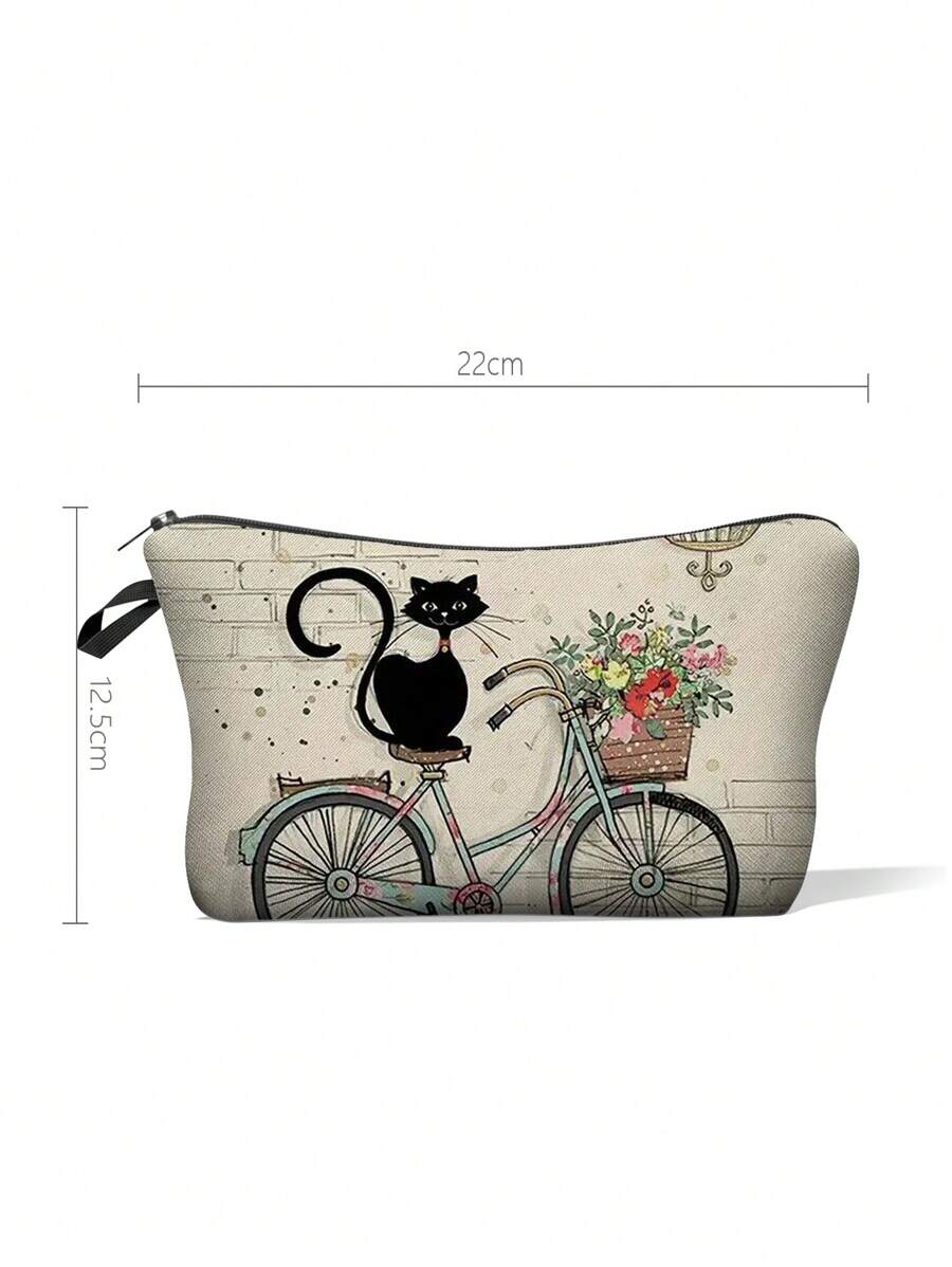 复古猫咪图案随身包，拉链轻便化妆包，多功能化妆包，女士涤纶化妆包，可爱蜜蜂花朵矮人侏儒图案，大容量多功能化妆包 - 彩色 - 查看 1