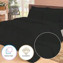 JOGO DE CAMA QUEEN COM EDREDOM LENÇOL FRONHA FUNÇÃO COBRE LEITO E COBERTOR - Preto - Visão 2