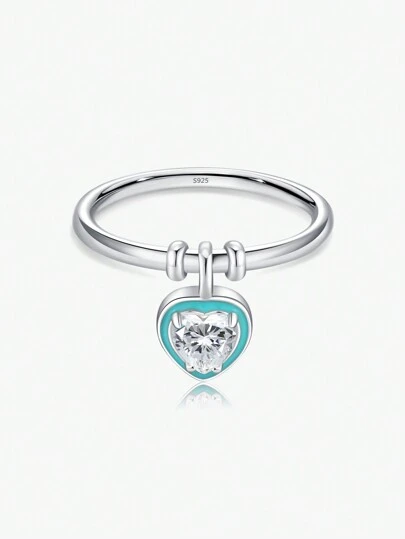 MODIAN 925純銀綠色搪瓷甜美浪漫心形情人節戒指,女性日常配飾珠寶