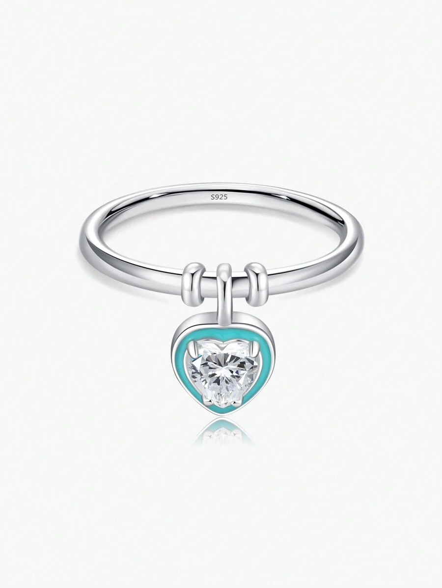MODIAN 925 sterling bạc Màu xanh lá Men răng Ngọt ngào lãng mạn Tim Love Đồ treo Nhẫn Đối với phụ nữ Hằng ngày Phụ kiện Đồ trang sức