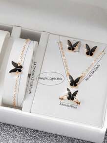 6pcs/Set Women's Gift Watch With Fashionable Numeric Starry Dial Quartz Wristwatch + Butterfly Jewelry Set (Excluding Watch Box) - Black - View 6