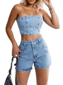 Women Denim Two-Piece Outfits - Rửa trung bình - Xem 4