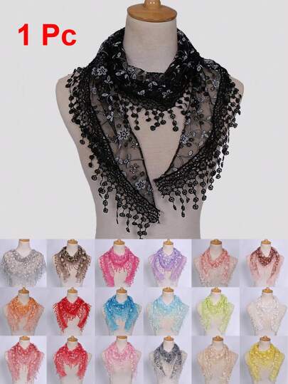 1 件女士时尚蕾丝流苏透明三角围巾优雅花卉蕾丝面纱花卉头巾面纱女士春秋夏季节日装饰头巾镂空披肩围巾三角围巾头巾