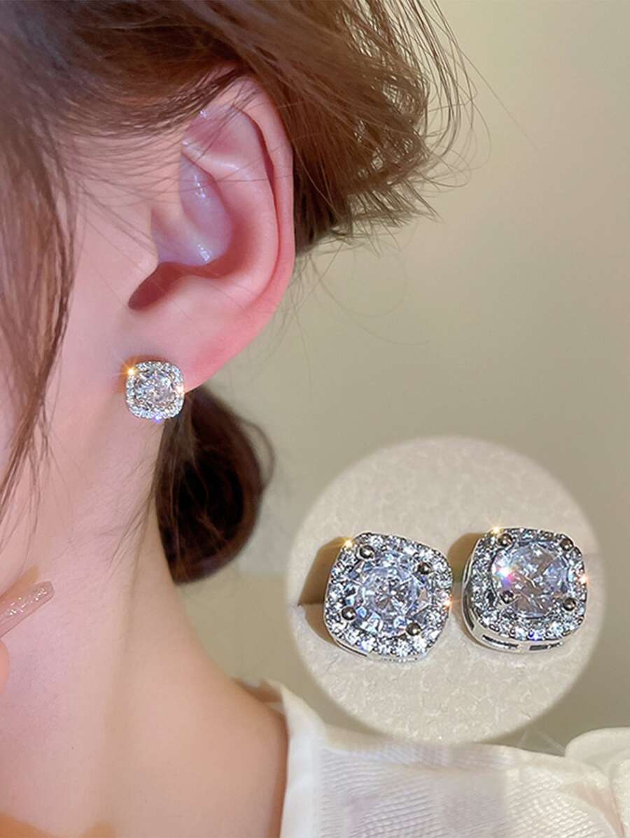 topshiny 1对几何水钻方形耳钉，独特设计黑色耳环，简约韩式风格女士耳环（中心水钻细节略有不同） - 銀色 - 查看 1