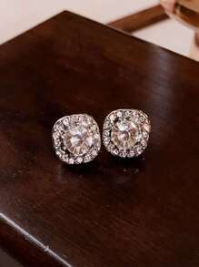 topshiny 1对几何水钻方形耳钉，独特设计黑色耳环，简约韩式风格女士耳环（中心水钻细节略有不同） - 銀色 - 查看 6