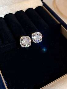 topshiny 1对几何水钻方形耳钉，独特设计黑色耳环，简约韩式风格女士耳环（中心水钻细节略有不同） - 銀色 - 查看 5