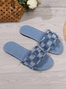 青少年時尚方格紋丹寧防滑耐磨平底涼鞋,適用於戶外、海灘、夏季 - 淺藍色 - 查看 2