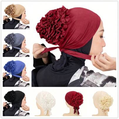Women's Monochromatic Chiffon Headscarf With Flower Decoration, Fashionable Head Scarf Bonnet Hair Bonnet Turban