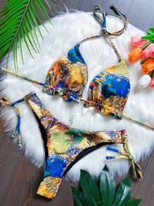 女士孔雀羽毛印花挂脖式比基尼套装 夏季 - 紅色 - 查看 1