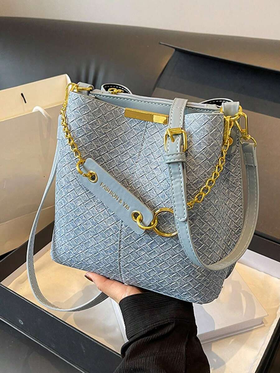 CHLCBAGS 1件 (8.66in*8.66in*4.72in) 時尚女款斜挎包，金屬裝飾，可調節細肩帶，適合上班通勤、購物、約會，優雅極簡水桶包，不織布壓紋裝飾包