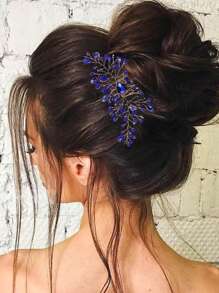 1pc Blue Crystal Hair Comb For Bridal Hair Accessory, Elegant & Delicate Vintage Style - Royal Blue - View 2