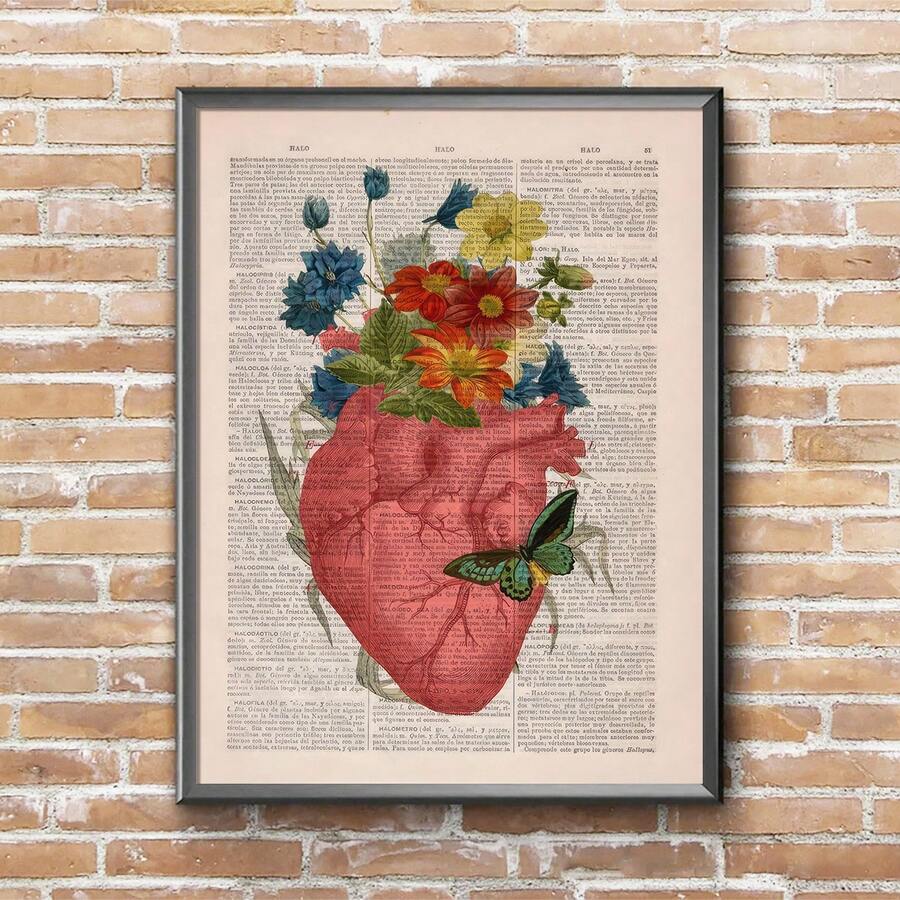 1張心臟器官解剖學復古海報,花卉引用牆藝術帆布畫,適用於客廳臥室浴室,家居裝飾,無框 - 1個 - 查看 1