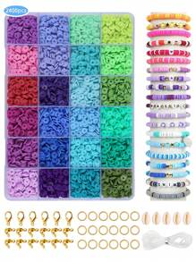 2400 件黏土珠手鍊製作套件,預科生友誼扁平聚合物珠珠寶製作套件,帶吊飾和彈力繩,女孩工藝品禮品套裝