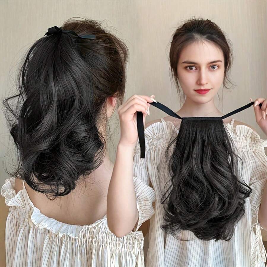 Ponytail With Hair Tie Wrapped Around Curly Wavy Ponytail Extensions Synthetic Clip In Hair Extensions Elegant For Daily Use Hair Accessories