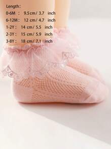 1pair Baby Girls' Pink Lace Ruffle Trim Floral Mesh Breathable Soft Comfortable Short Socks, Suitable For Daily Life