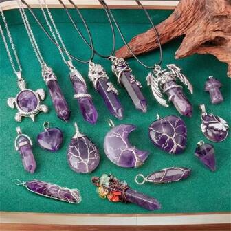 1pc Natural Amethyst Chakra Healing Tree Of Life Necklace - Hexagonal Wire Wrapped Heart Shape Pendant, Ideal For Men And Women