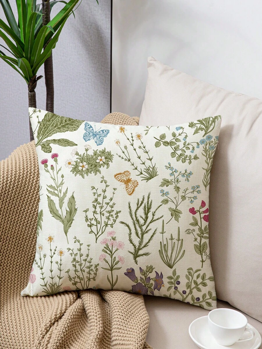 1pc Butterfly & Tree Branch & Flower Printed Linen Pillowcase Cover For Home Sofa Decor, 18x18 Inch, Pillow Core Not Included - Multicolor - View 1