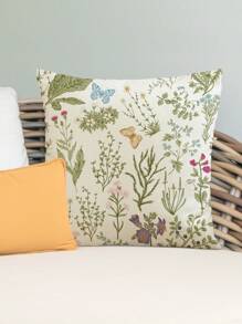 1pc Butterfly & Tree Branch & Flower Printed Linen Pillowcase Cover For Home Sofa Decor, 18x18 Inch, Pillow Core Not Included - Multicolor - View 3