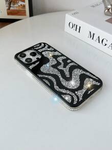 Y2k 1pc Black Geometric Wavy Pattern Mirror & Rhinestone Decor Anti-Drop Phone Case Compatible With IPhone 15promax Waterproof Shockproof Scratch Resistant - Black - View 5