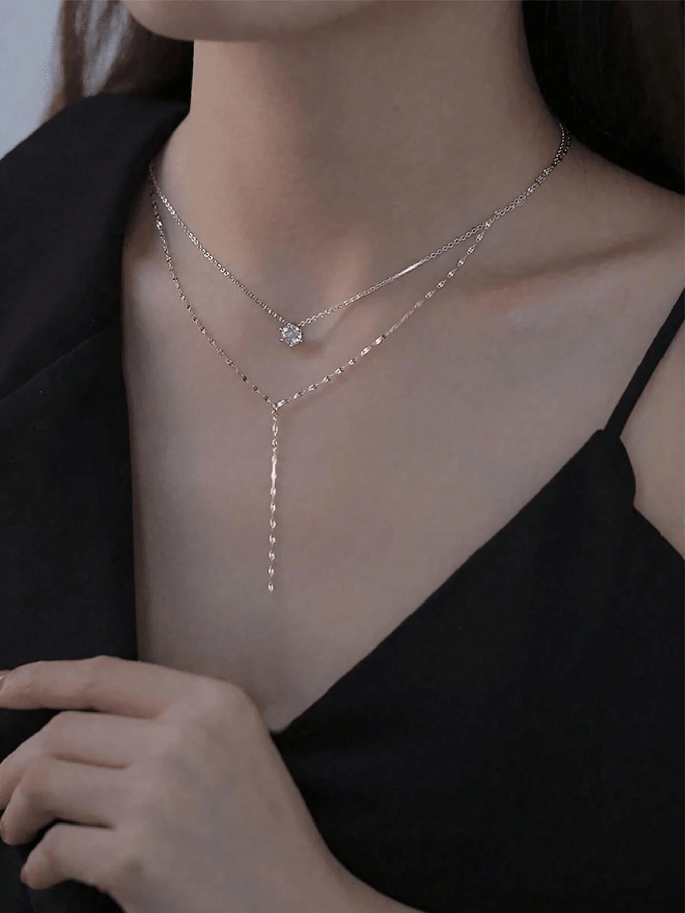 1pc Silver Y Shape Long Tassel Necklace, Sparkling Rhinestone Necklace, Double Layer Sexy Collarbone Chain, Delicate Chain Necklace For Women, Bridal Necklace, Women's Jewelry. Valentine's Day Accessories - Silver - View 1