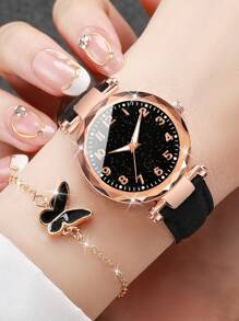 6pcs/Set Women's Gift Watch With Fashionable Numeric Starry Dial Quartz Wristwatch + Butterfly Jewelry Set (Excluding Watch Box) - Black - View 3