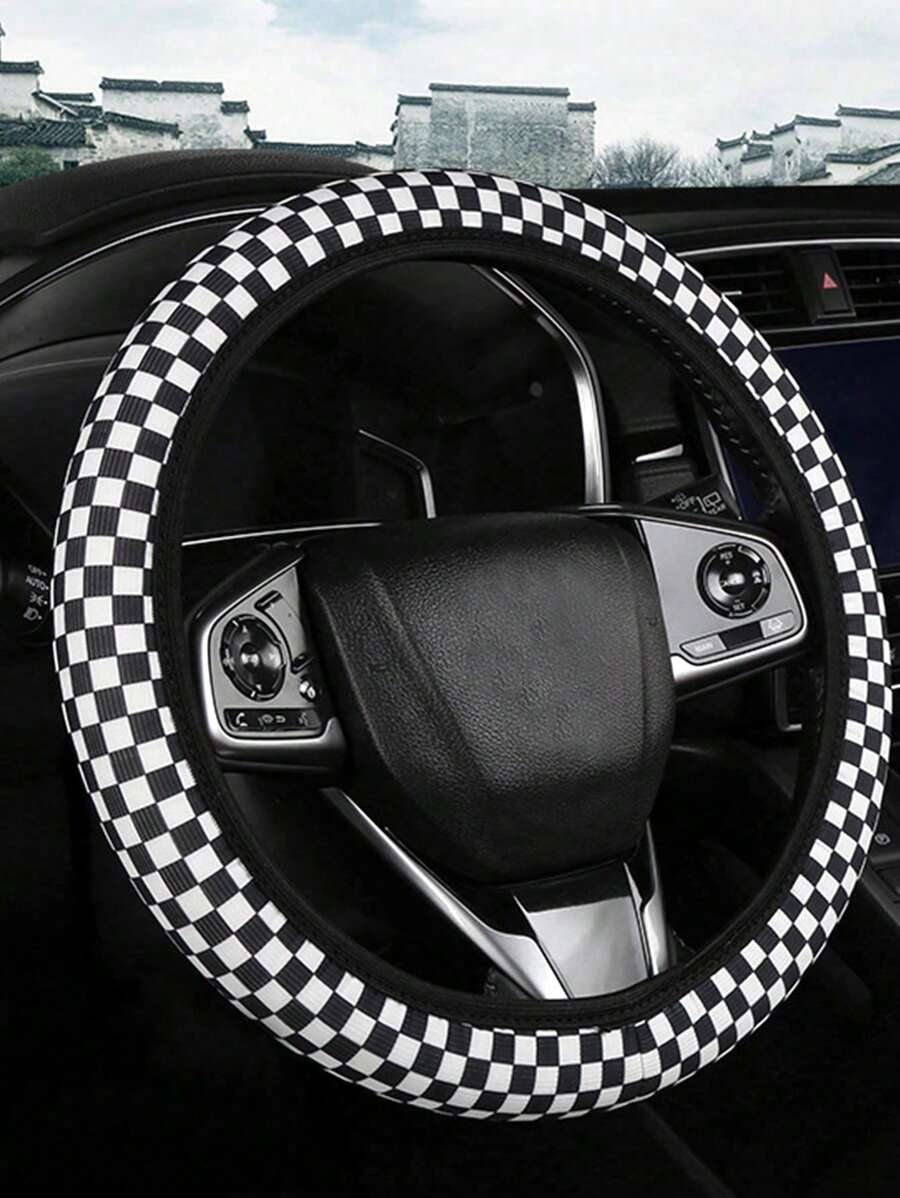 1pc Black And White Chess Board Pattern Ice Silk Elastic Steering Wheel Cover, No Inner Circle, Comfortable, Breathable, Anti-Slip Steering Wheel Cover - Black and White - View 1