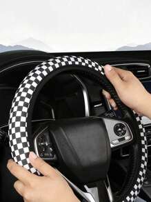 1pc Black And White Chess Board Pattern Ice Silk Elastic Steering Wheel Cover, No Inner Circle, Comfortable, Breathable, Anti-Slip Steering Wheel Cover - Black and White - View 3
