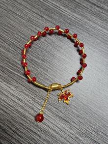 1pc Red Maple Leaf Beaded Wrap Bracelet For Women - Red - View 3