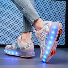 兒童時尚戶外步行鞋,2024春季新款兒童運動滾輪溜冰鞋,四輪滾輪鞋適用於女孩,發亮usb充電鞋,可在四季穿著,具有十幾種不同的燈帶模式 - 粉色 - 查看 7
