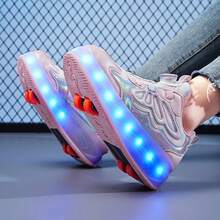 兒童時尚戶外步行鞋,2024春季新款兒童運動滾輪溜冰鞋,四輪滾輪鞋適用於女孩,發亮usb充電鞋,可在四季穿著,具有十幾種不同的燈帶模式 - 粉色 - 查看 9