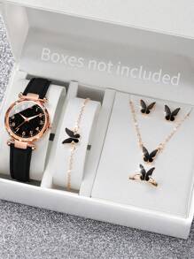 6pcs/Set Women's Gift Watch With Fashionable Numeric Starry Dial Quartz Wristwatch + Butterfly Jewelry Set (Excluding Watch Box) - Black - View 1